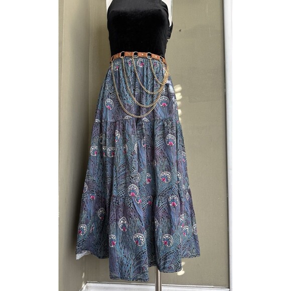 Dresses & Skirts - Vintage Joby Design Full Maxi Skirt‎ Peacock Feather Teal Purple S/M  Boho USA